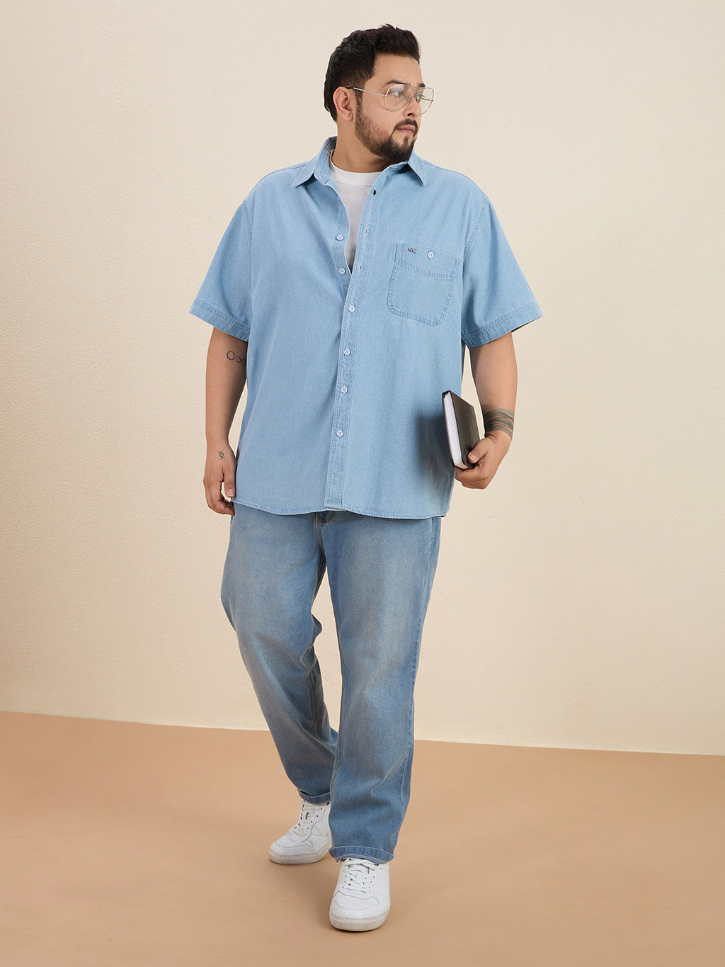 Plus Size Denim Regular Fit Smart Casual Shirt - Light Blue