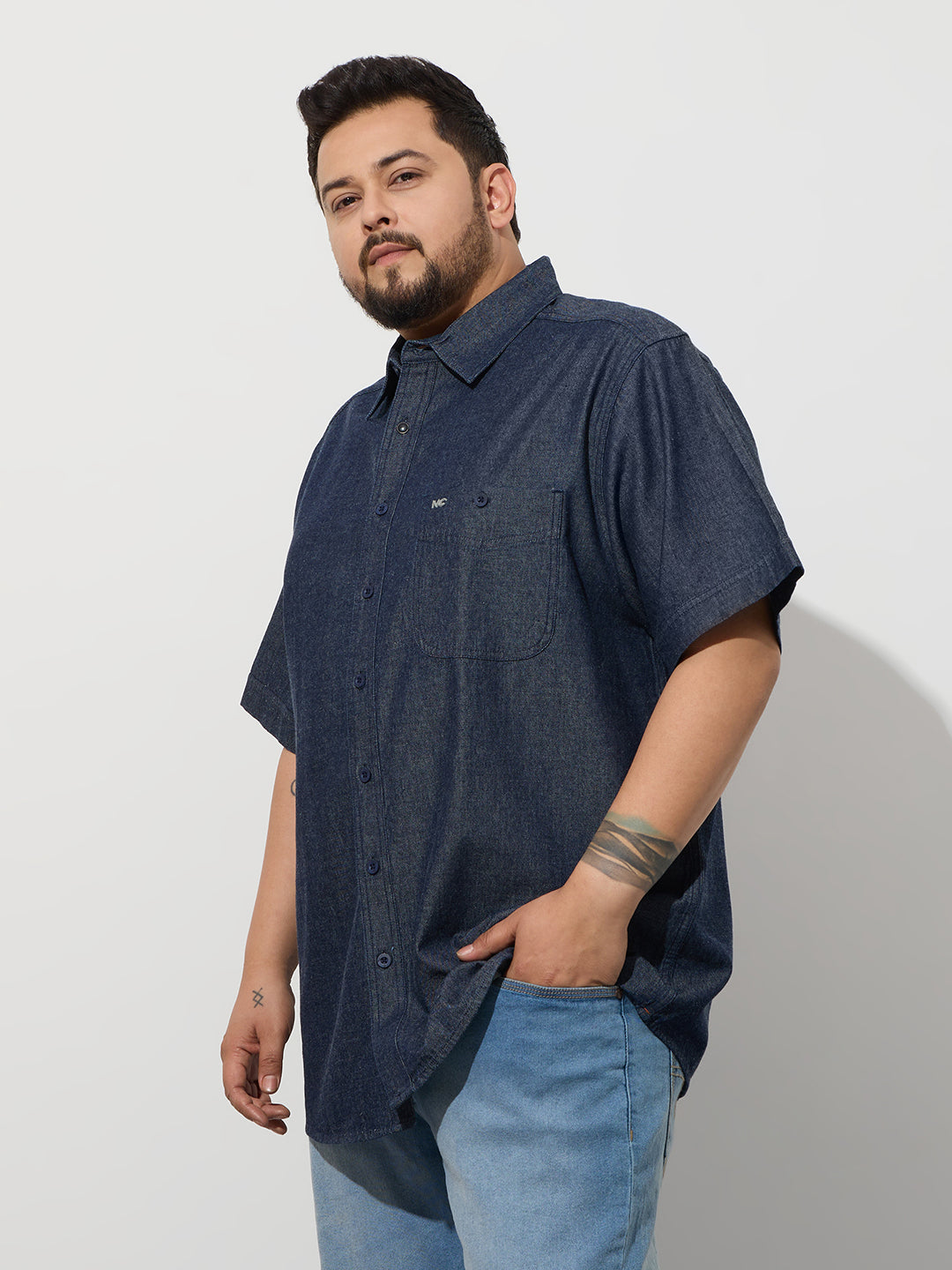 Plus Size Denim Regular Fit Smart Casual Shirt - Dark Blue