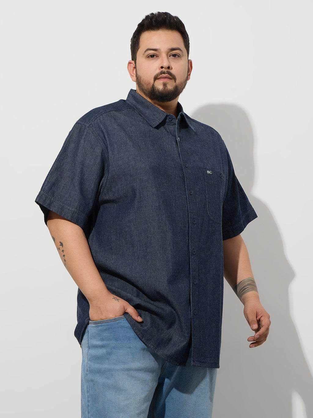 Plus Size Denim Regular Fit Smart Casual Shirt - Dark Blue