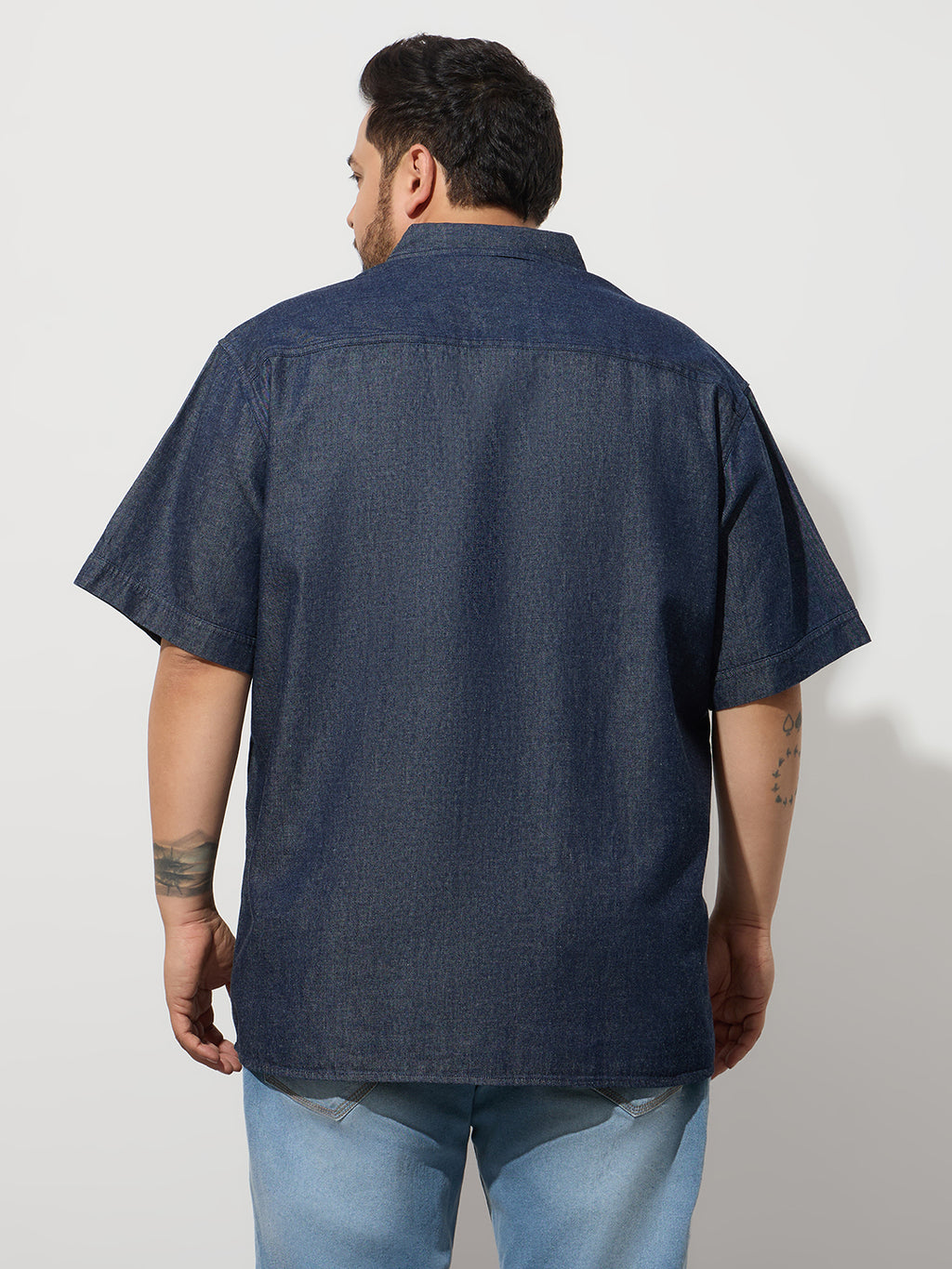 Plus Size Denim Regular Fit Smart Casual Shirt - Dark Blue