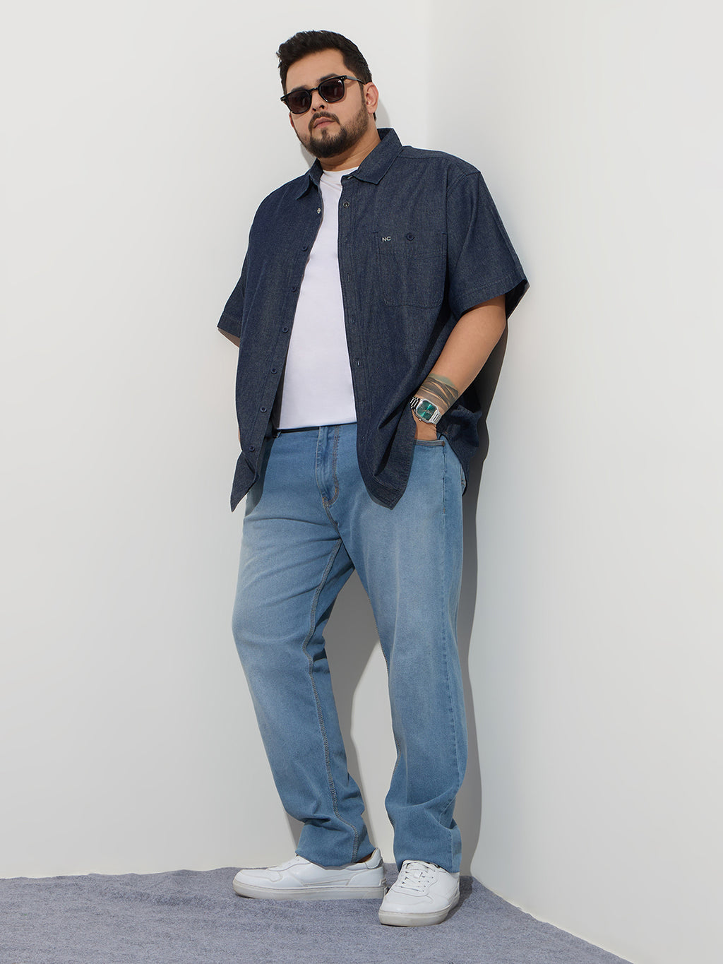 Plus Size Denim Regular Fit Smart Casual Shirt - Dark Blue