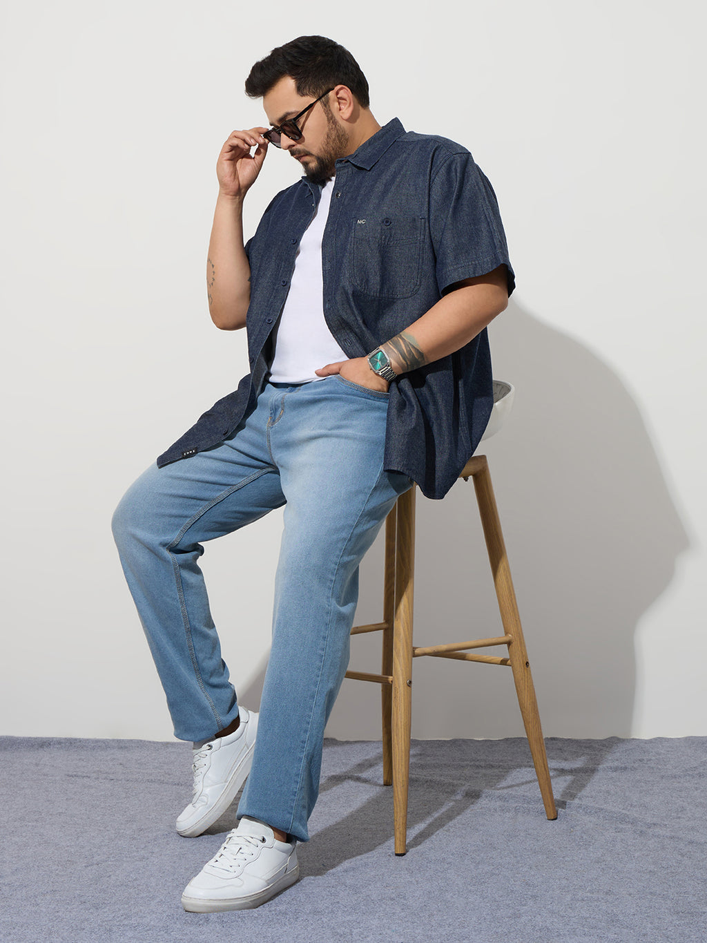 Plus Size Denim Regular Fit Smart Casual Shirt - Dark Blue