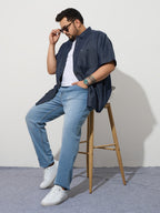 Plus Size Denim Regular Fit Smart Casual Shirt - Dark Blue