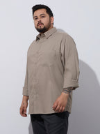 Plus Size Cotton Oxford Lycra Shirt 1 Pocket Regular Fit Smart Casual Shirt, Style-Plus-2k52-khaki