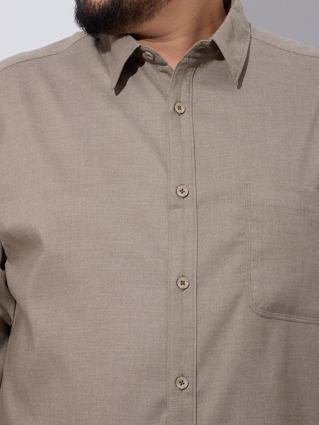 Plus Size Cotton Oxford Lycra Shirt 1 Pocket Regular Fit Smart Casual Shirt, Style-Plus-2k52-khaki