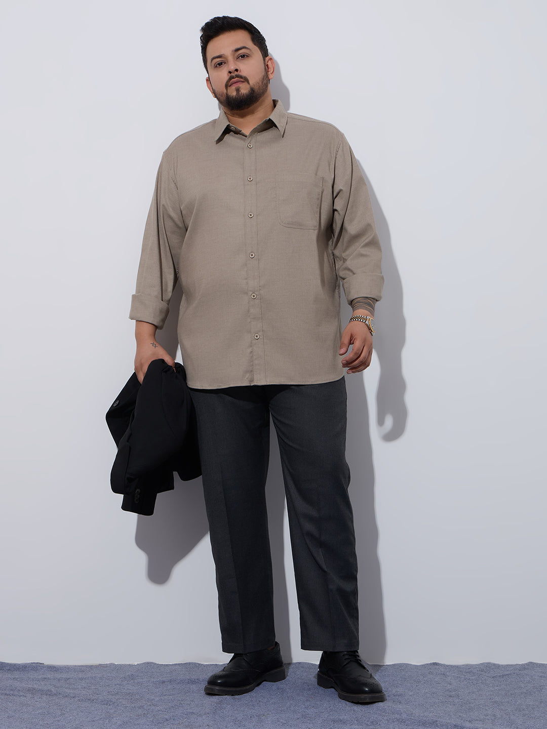 Plus Size Cotton Oxford Lycra Shirt 1 Pocket Regular Fit Smart Casual Shirt, Style-Plus-2k52-khaki