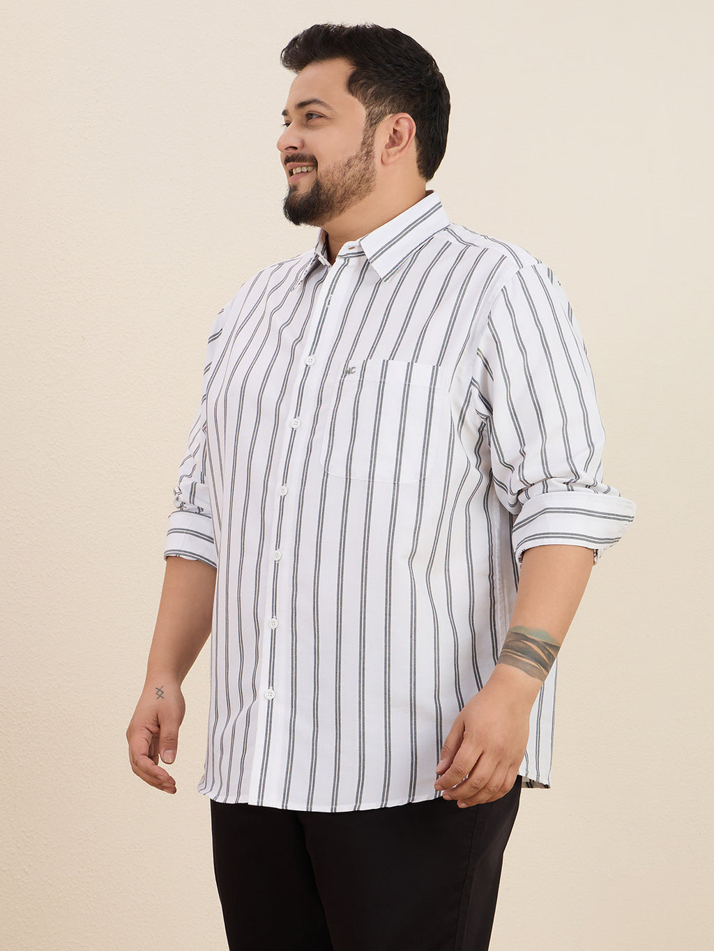 Plus Size Cotton Stripes Shirt 1 Pocket Regular Fit Smart Casual Shirt, Style- Plus-1266-White