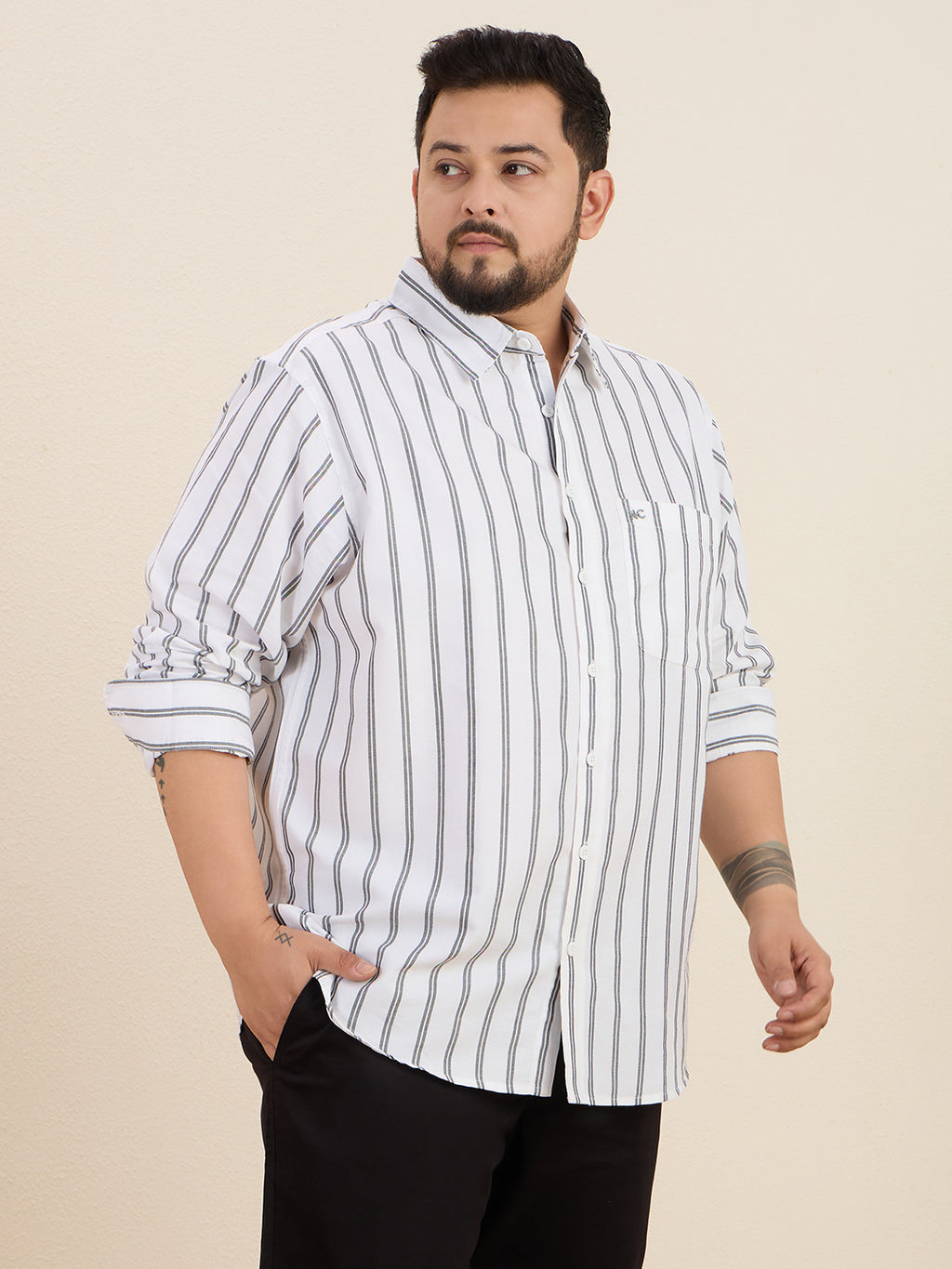 Plus Size Cotton Stripes Shirt 1 Pocket Regular Fit Smart Casual Shirt, Style- Plus-1266-White