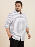 Plus Size Cotton Stripes Shirt 1 Pocket Regular Fit Smart Casual Shirt, Style- Plus-1266-White
