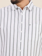Plus Size Cotton Stripes Shirt 1 Pocket Regular Fit Smart Casual Shirt, Style- Plus-1266-White