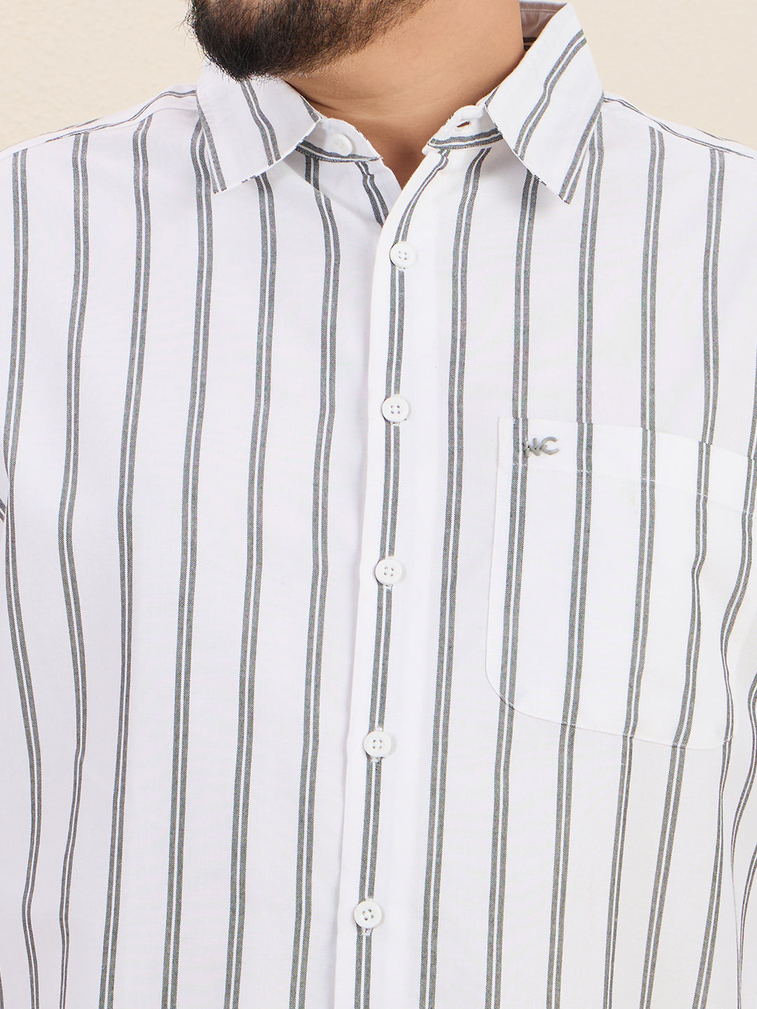 Plus Size Cotton Stripes Shirt 1 Pocket Regular Fit Smart Casual Shirt, Style- Plus-1266-White