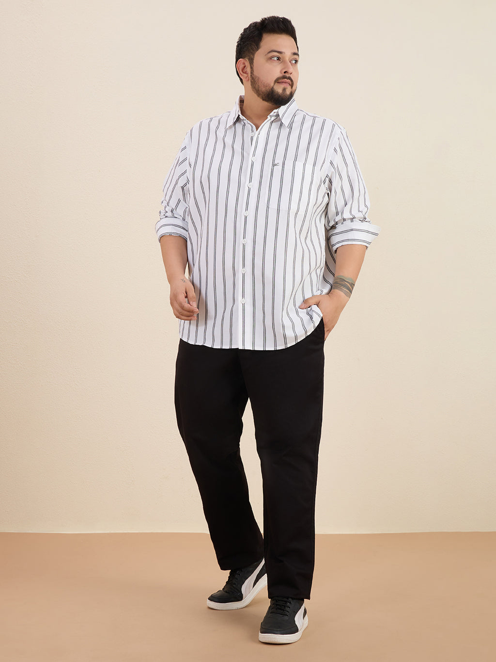 Plus Size Cotton Stripes Shirt 1 Pocket Regular Fit Smart Casual Shirt, Style- Plus-1266-White