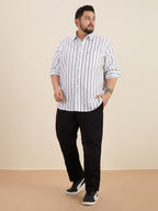 Plus Size Cotton Stripes Shirt 1 Pocket Regular Fit Smart Casual Shirt, Style- Plus-1266-White