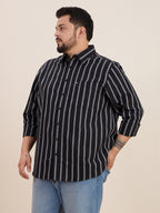Plus Size Cotton Stripes Shirt 1 Pocket Regular Fit Smart Casual Shirt, Style- Plus-1266-black