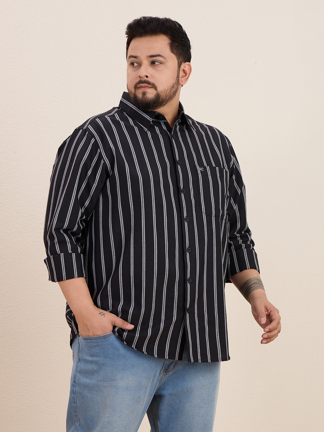 Plus Size Cotton Stripes Shirt 1 Pocket Regular Fit Smart Casual Shirt, Style- Plus-1266-black