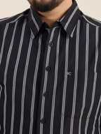 Plus Size Cotton Stripes Shirt 1 Pocket Regular Fit Smart Casual Shirt, Style- Plus-1266-black