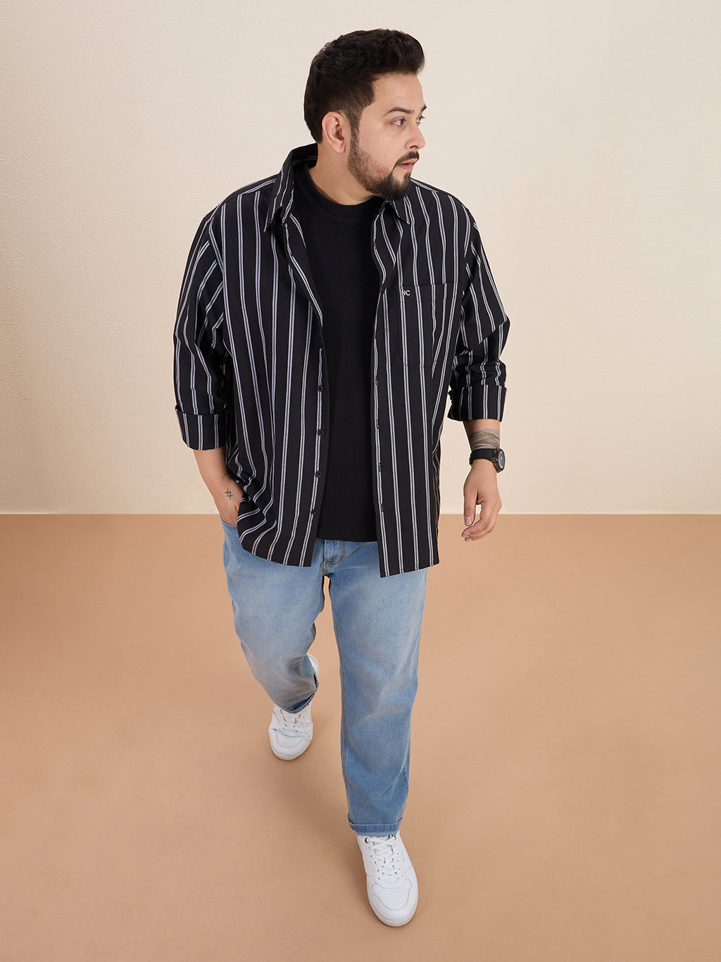 Plus Size Cotton Stripes Shirt 1 Pocket Regular Fit Smart Casual Shirt, Style- Plus-1266-black
