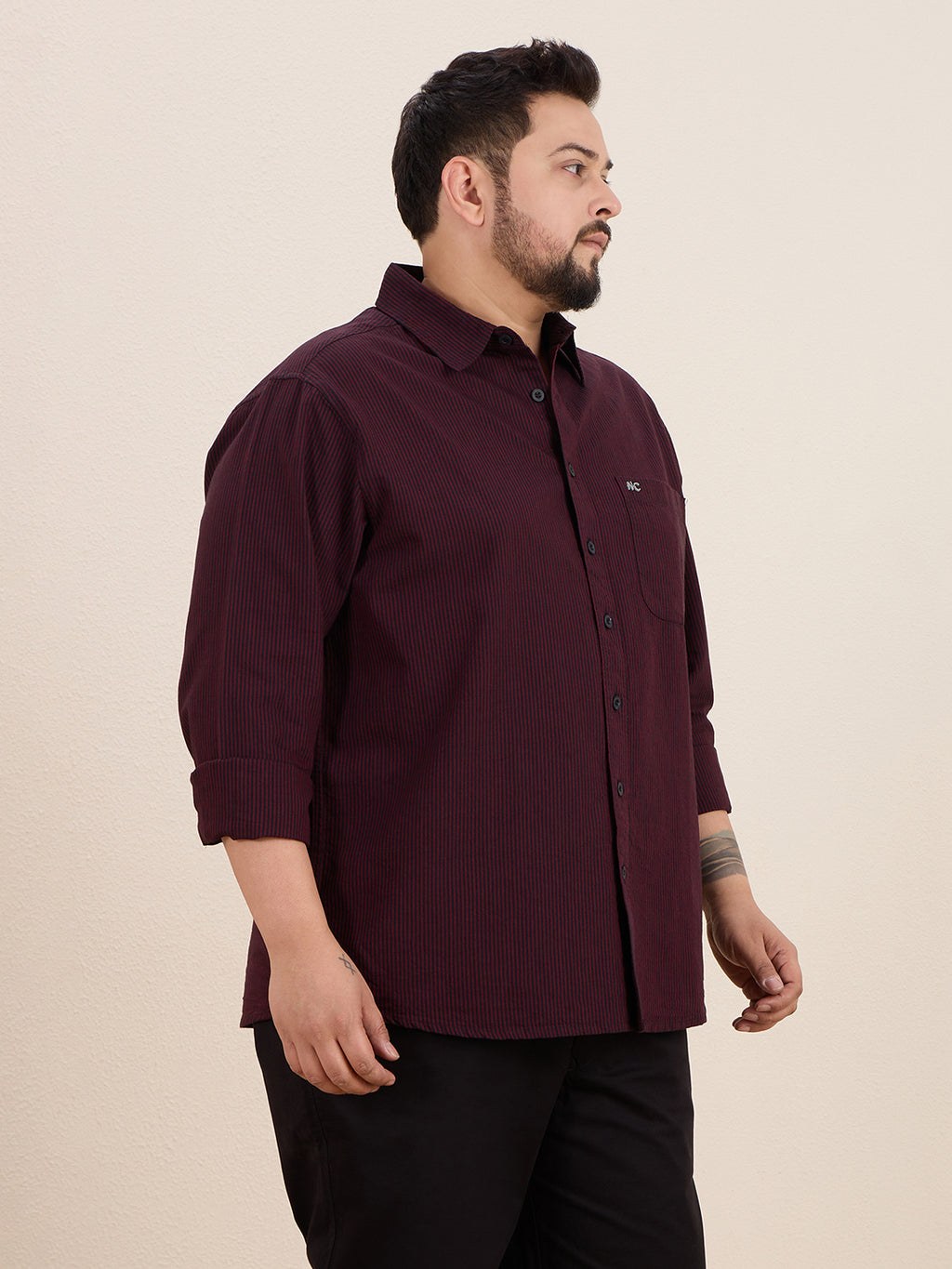 Plus Size Cotton Stripes Shirt 1 Pocket Regular Fit Smart Casual Shirt, Style-1270-Maroon