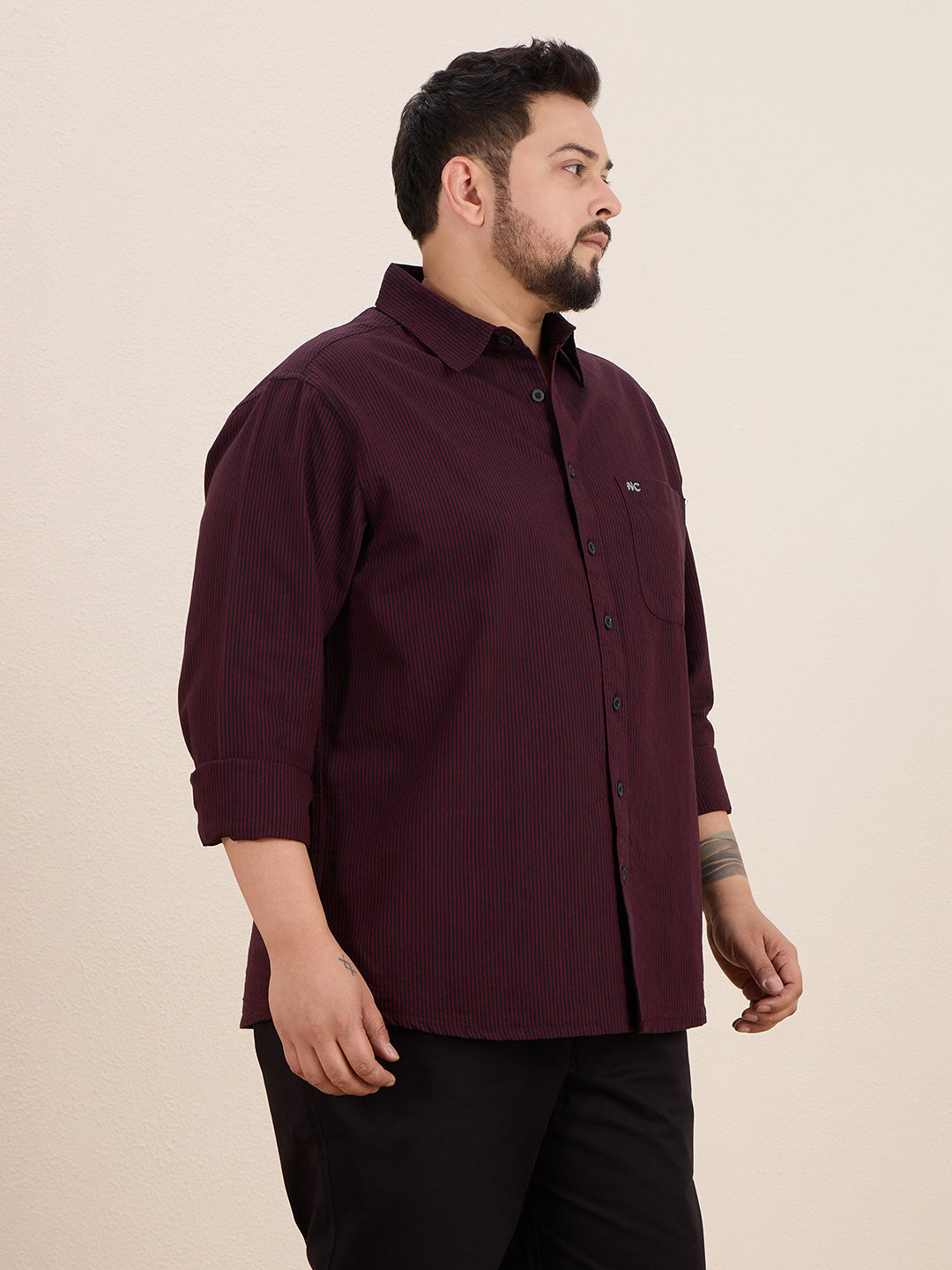 Plus Size Cotton Stripes Shirt 1 Pocket Regular Fit Smart Casual Shirt, Style-1270-Maroon