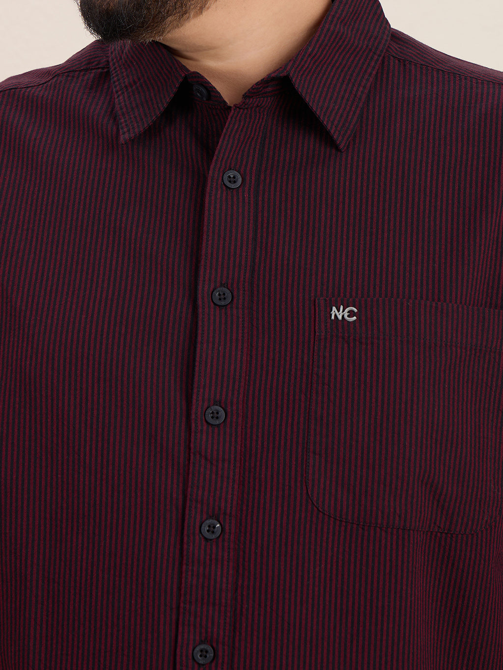 Plus Size Cotton Stripes Shirt 1 Pocket Regular Fit Smart Casual Shirt, Style-1270-Maroon