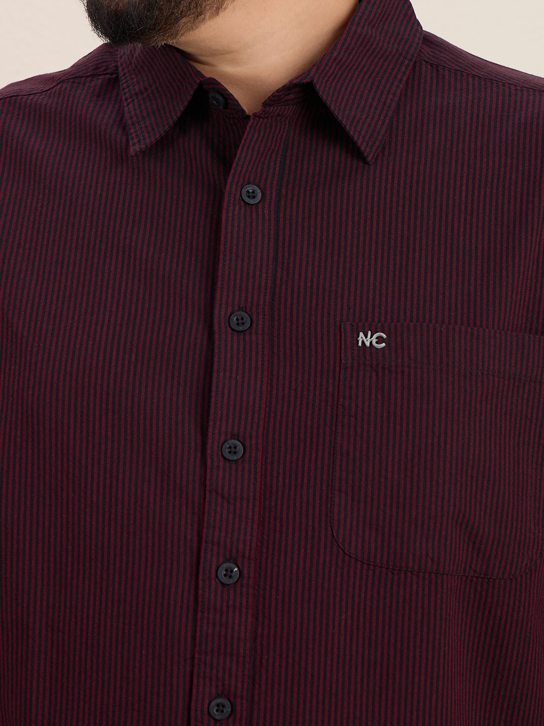 Plus Size Cotton Stripes Shirt 1 Pocket Regular Fit Smart Casual Shirt, Style-1270-Maroon