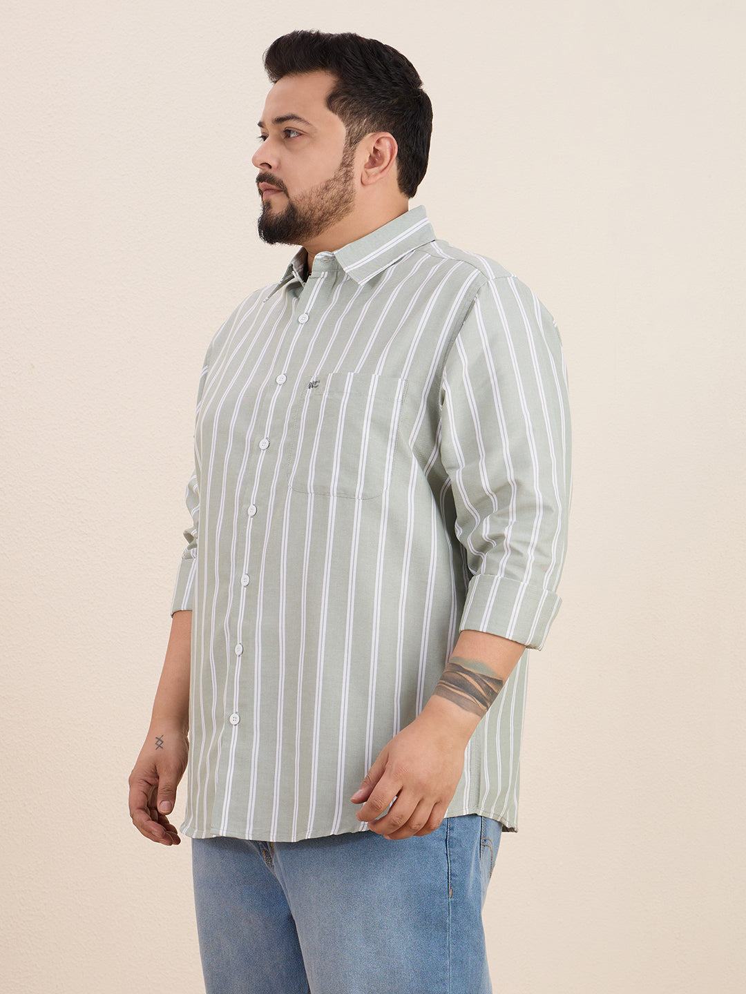 Plus Size Cotton Stripes Shirt 1 Pocket Regular Fit Smart Casual Shirt, Style- Plus-1266-Sage Green