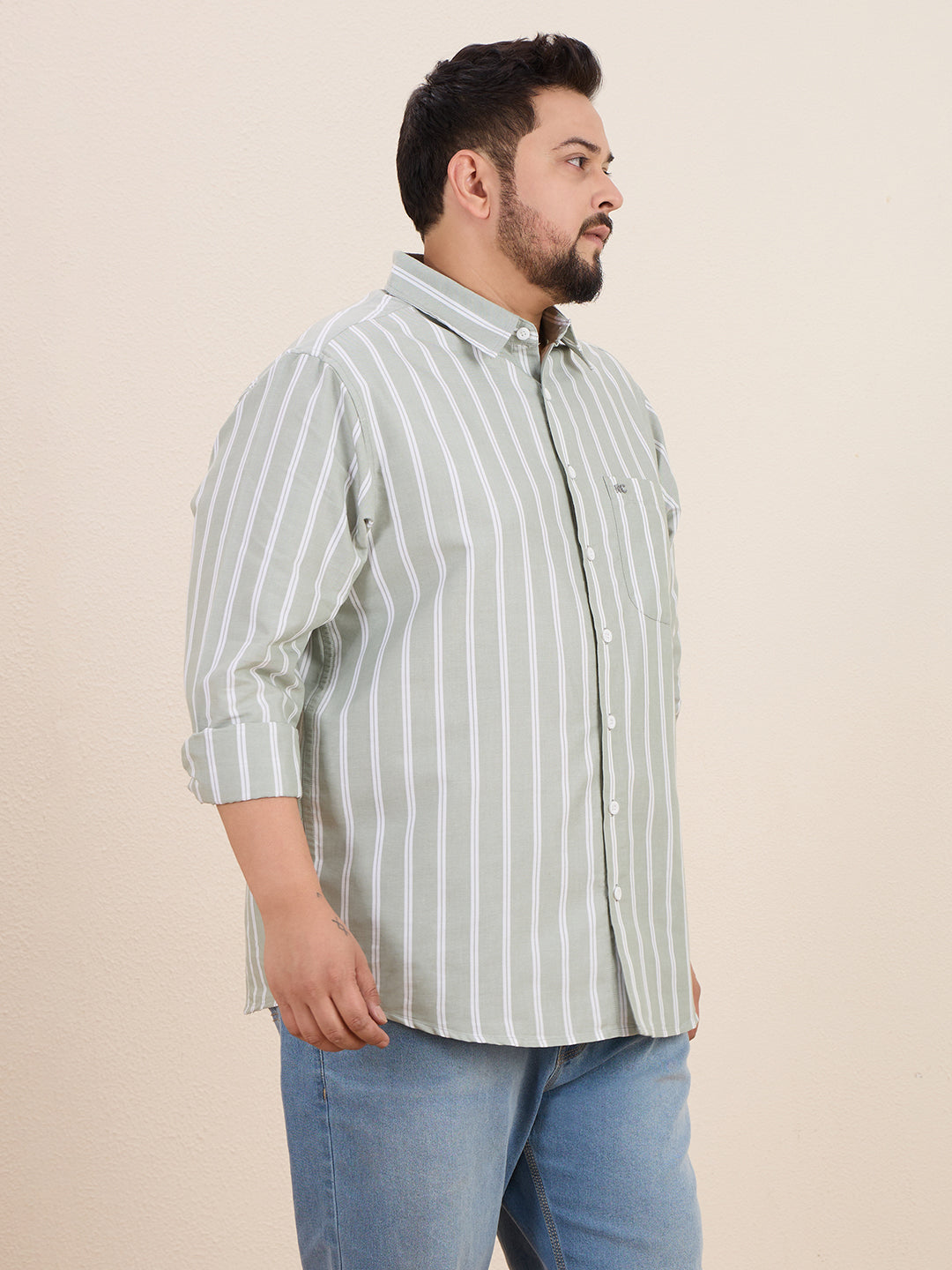 Plus Size Cotton Stripes Shirt 1 Pocket Regular Fit Smart Casual Shirt, Style- Plus-1266-Sage Green
