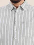 Plus Size Cotton Stripes Shirt 1 Pocket Regular Fit Smart Casual Shirt, Style- Plus-1266-Sage Green