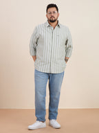 Plus Size Cotton Stripes Shirt 1 Pocket Regular Fit Smart Casual Shirt, Style- Plus-1266-Sage Green