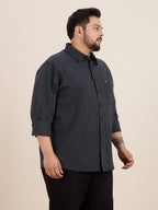 Plus Size Cotton Stripes Shirt 1 Pocket Regular Fit Smart Casual Shirt , Style-1270-Black