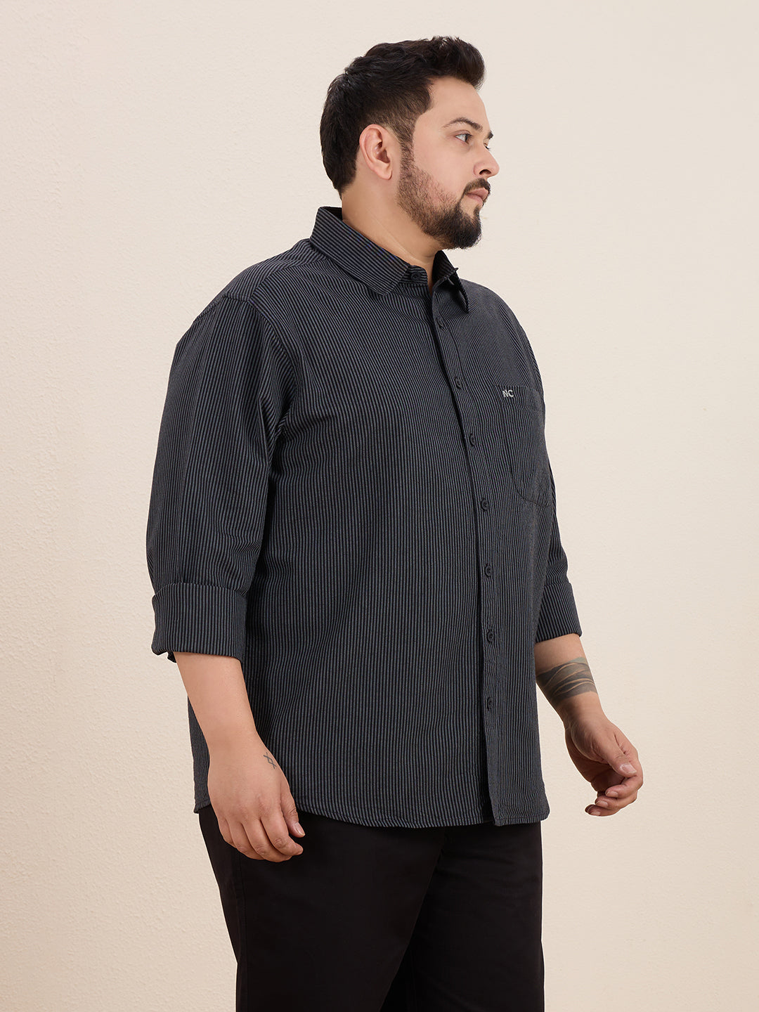 Plus Size Cotton Stripes Shirt 1 Pocket Regular Fit Smart Casual Shirt , Style-1270-Black