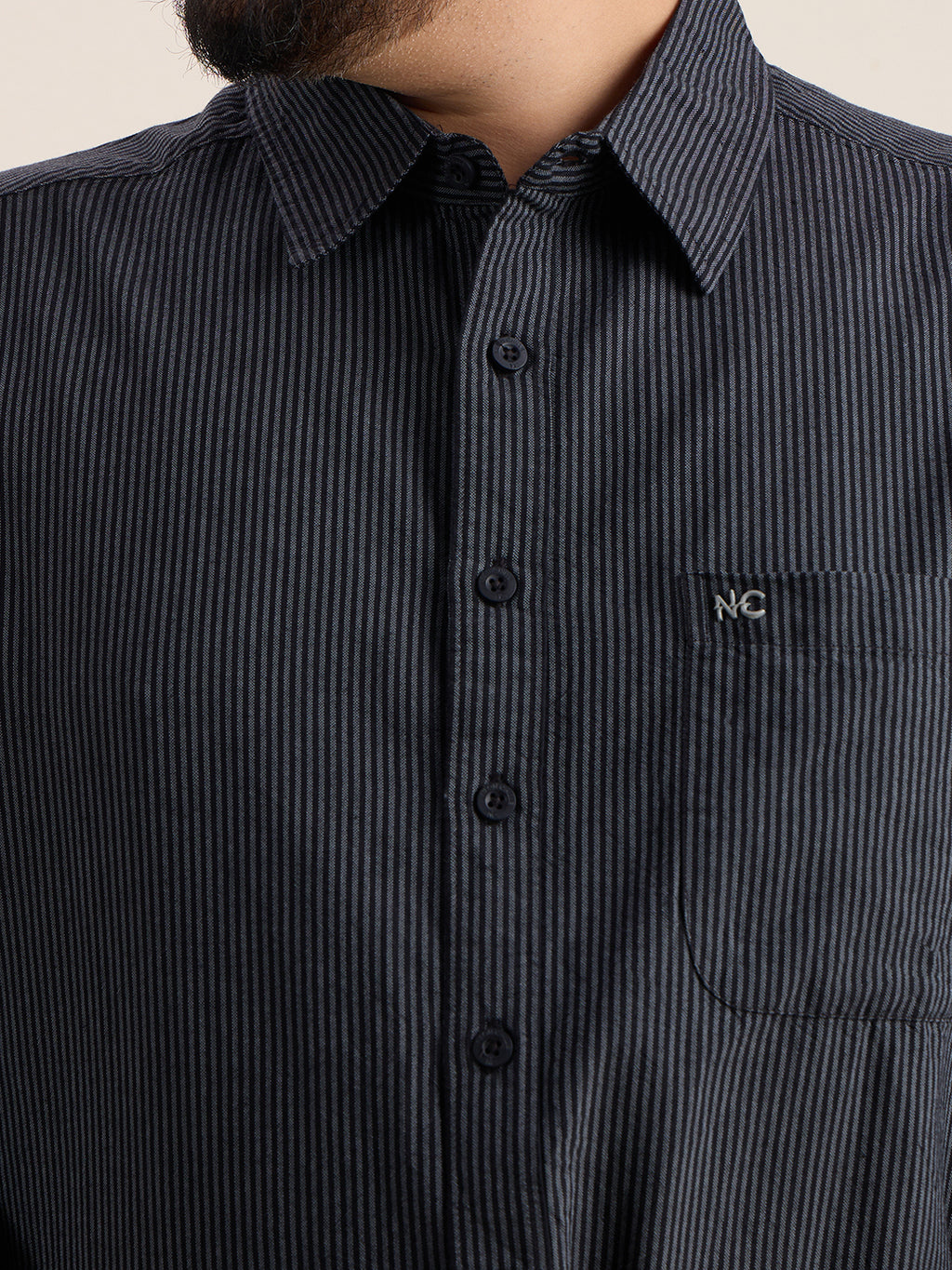 Plus Size Cotton Stripes Shirt 1 Pocket Regular Fit Smart Casual Shirt , Style-1270-Black