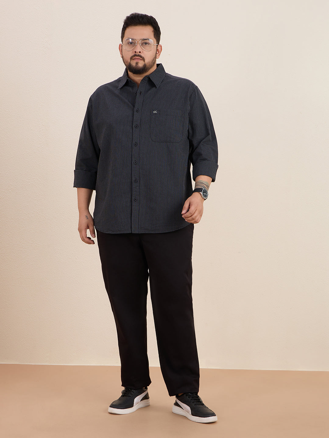 Plus Size Cotton Stripes Shirt 1 Pocket Regular Fit Smart Casual Shirt , Style-1270-Black