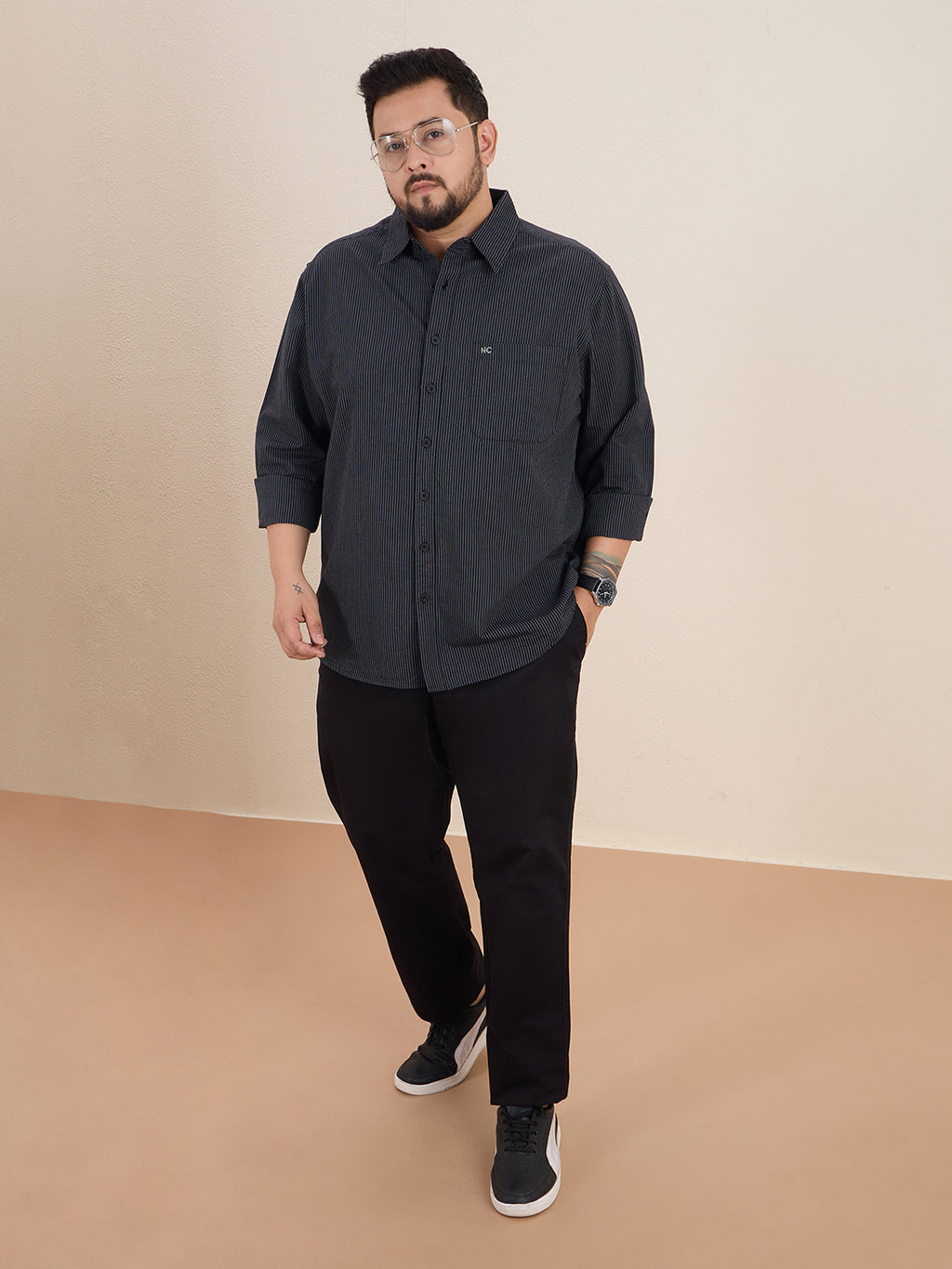 Plus Size Cotton Stripes Shirt 1 Pocket Regular Fit Smart Casual Shirt , Style-1270-Black