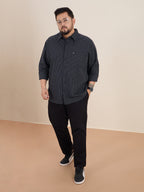 Plus Size Cotton Stripes Shirt 1 Pocket Regular Fit Smart Casual Shirt , Style-1270-Black