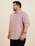 Plus Size Cotton Stripes Shirt 1 Pocket Regular Fit Smart Casual Shirt, Plus-1266-Maroon