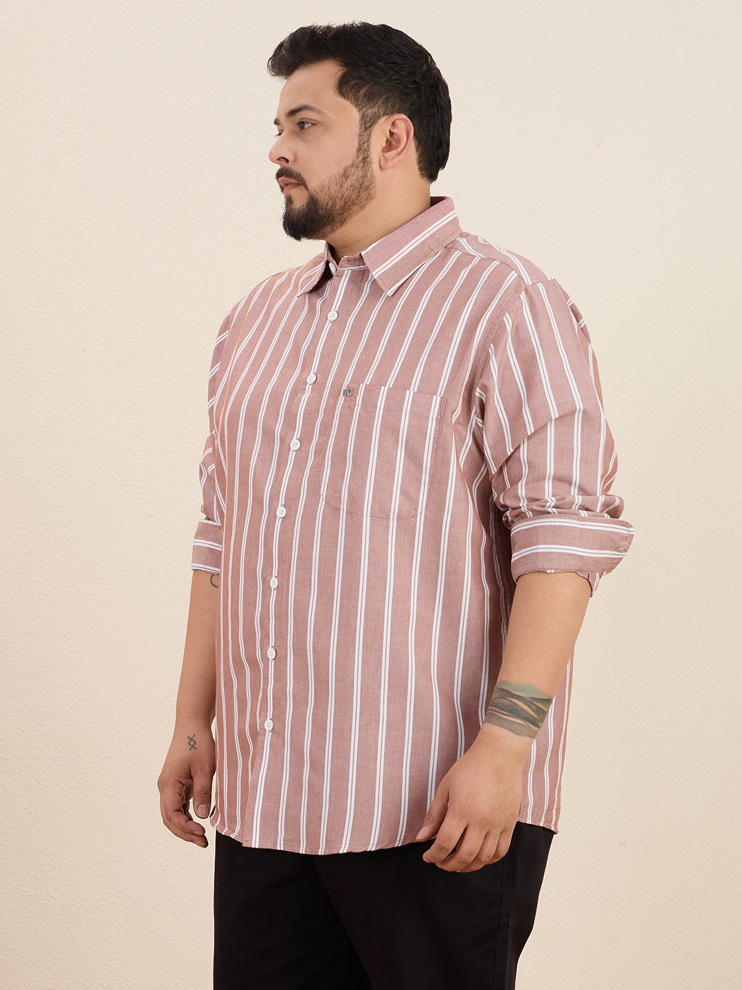 Plus Size Cotton Stripes Shirt 1 Pocket Regular Fit Smart Casual Shirt, Plus-1266-Maroon