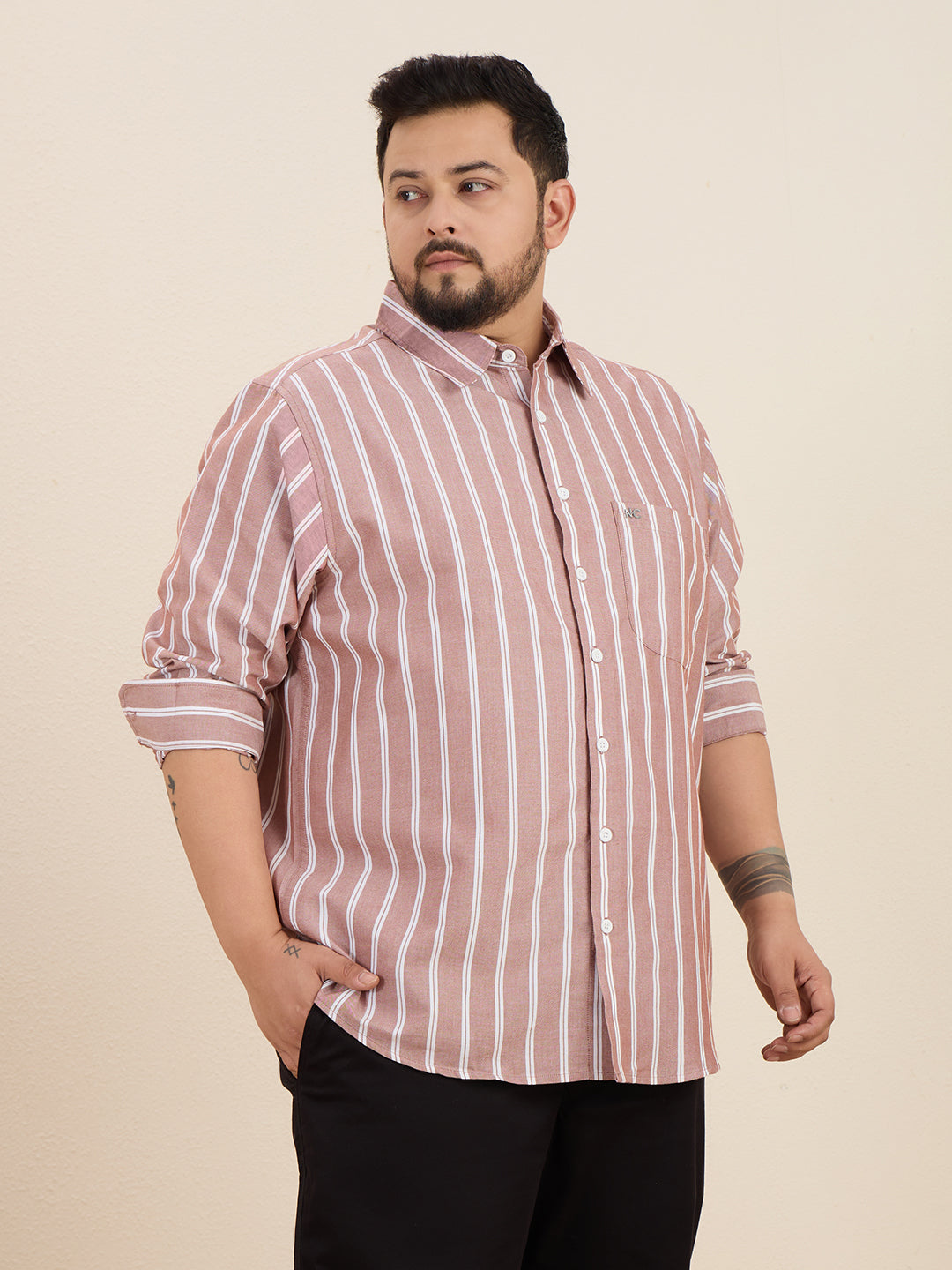 Plus Size Cotton Stripes Shirt 1 Pocket Regular Fit Smart Casual Shirt, Plus-1266-Maroon
