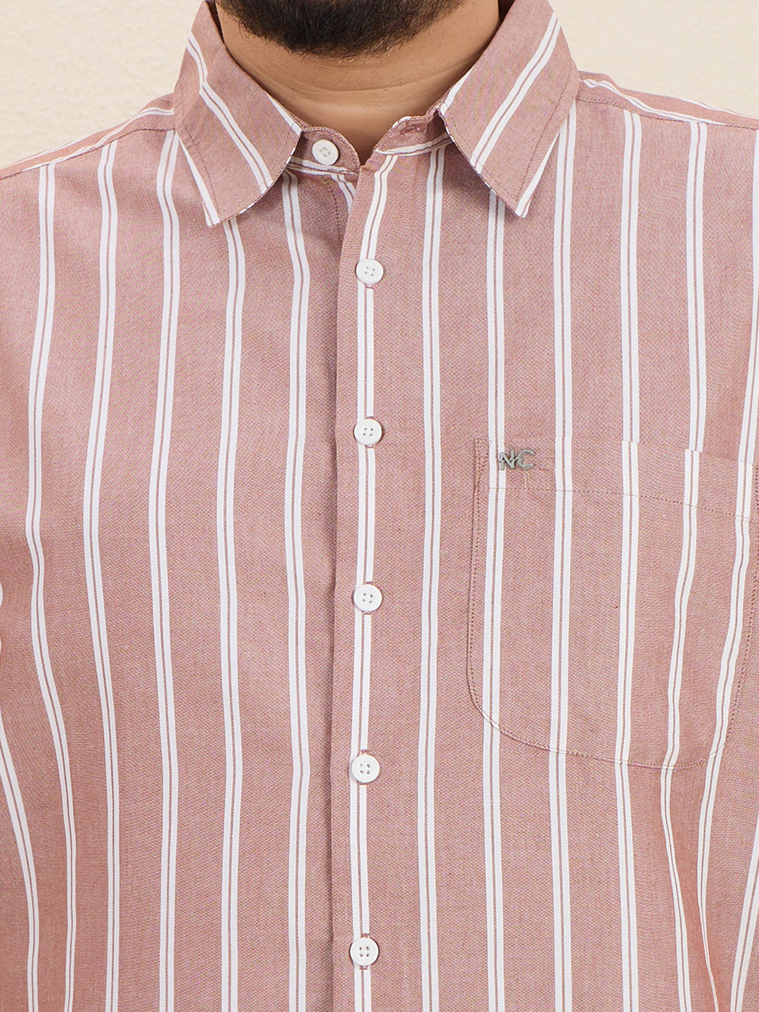 Plus Size Cotton Stripes Shirt 1 Pocket Regular Fit Smart Casual Shirt, Plus-1266-Maroon