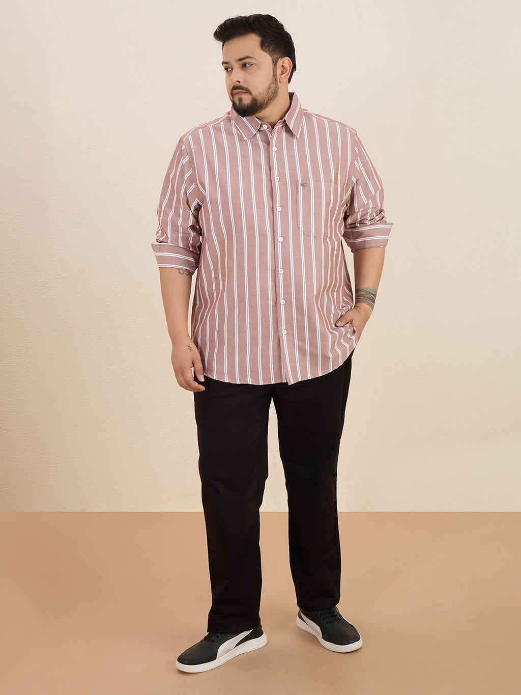Plus Size Cotton Stripes Shirt 1 Pocket Regular Fit Smart Casual Shirt, Plus-1266-Maroon