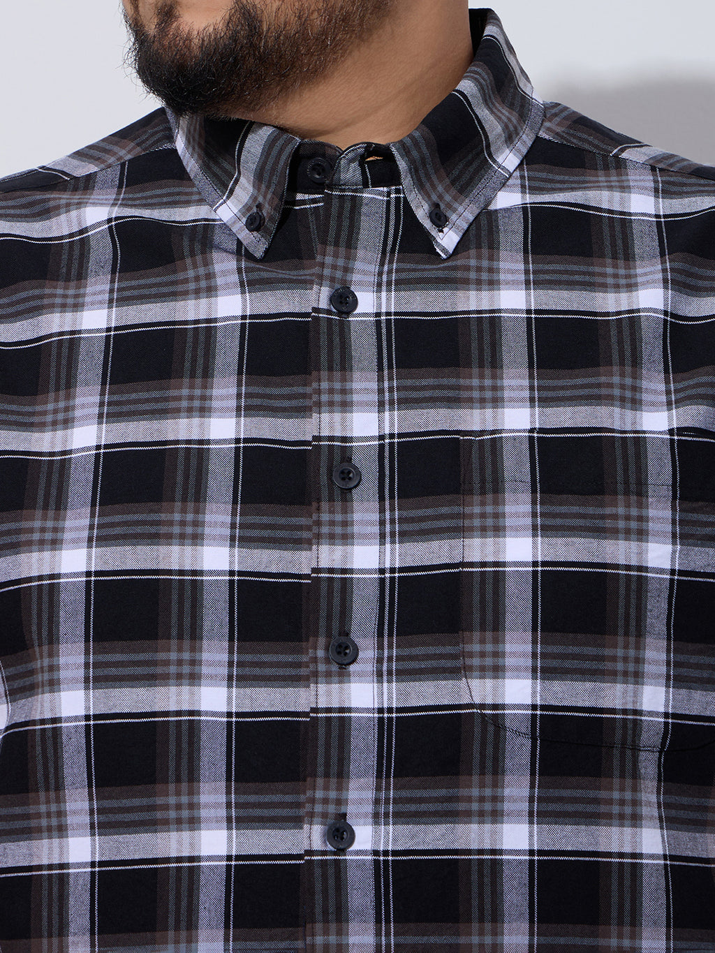 Plus Size Cotton Checks Shirt 1 Pocket Regular Fit Smart Casual Shirt, Style- Plus-1262-black