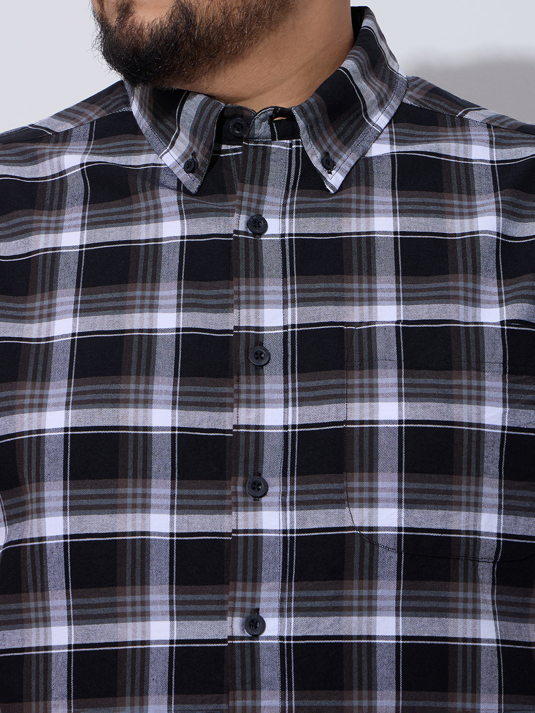 Plus Size Cotton Checks Shirt 1 Pocket Regular Fit Smart Casual Shirt, Style- Plus-1262-black