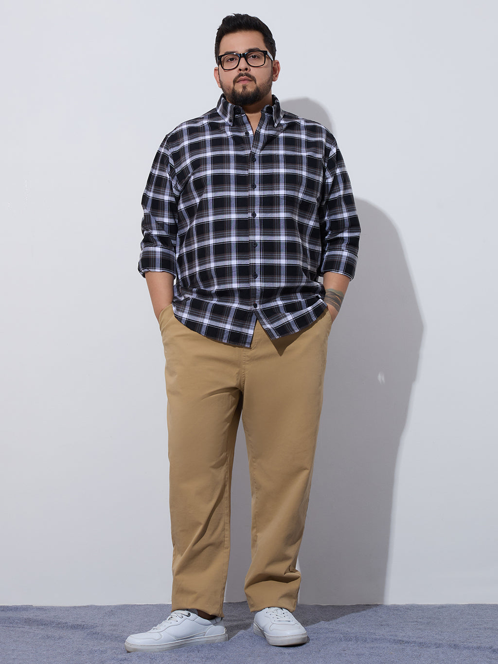 Plus Size Cotton Checks Shirt 1 Pocket Regular Fit Smart Casual Shirt, Style- Plus-1262-black