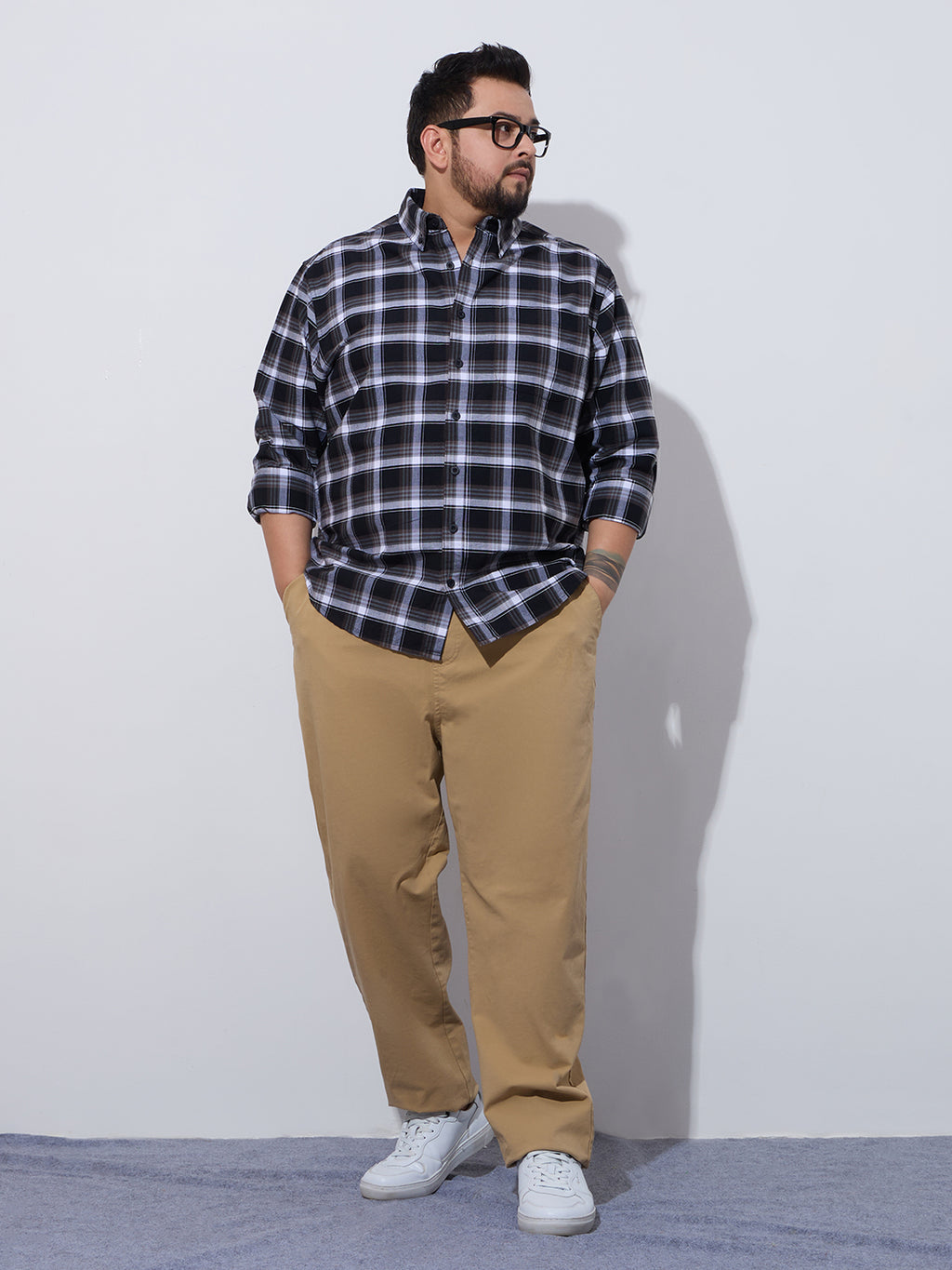 Plus Size Cotton Checks Shirt 1 Pocket Regular Fit Smart Casual Shirt, Style- Plus-1262-black