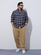Plus Size Cotton Checks Shirt 1 Pocket Regular Fit Smart Casual Shirt, Style- Plus-1262-black