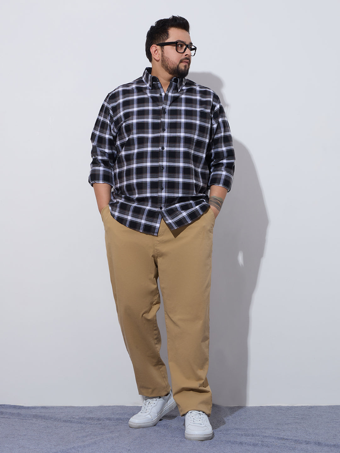 Plus Size Cotton Checks Shirt 1 Pocket Regular Fit Smart Casual Shirt, Style- Plus-1262-black