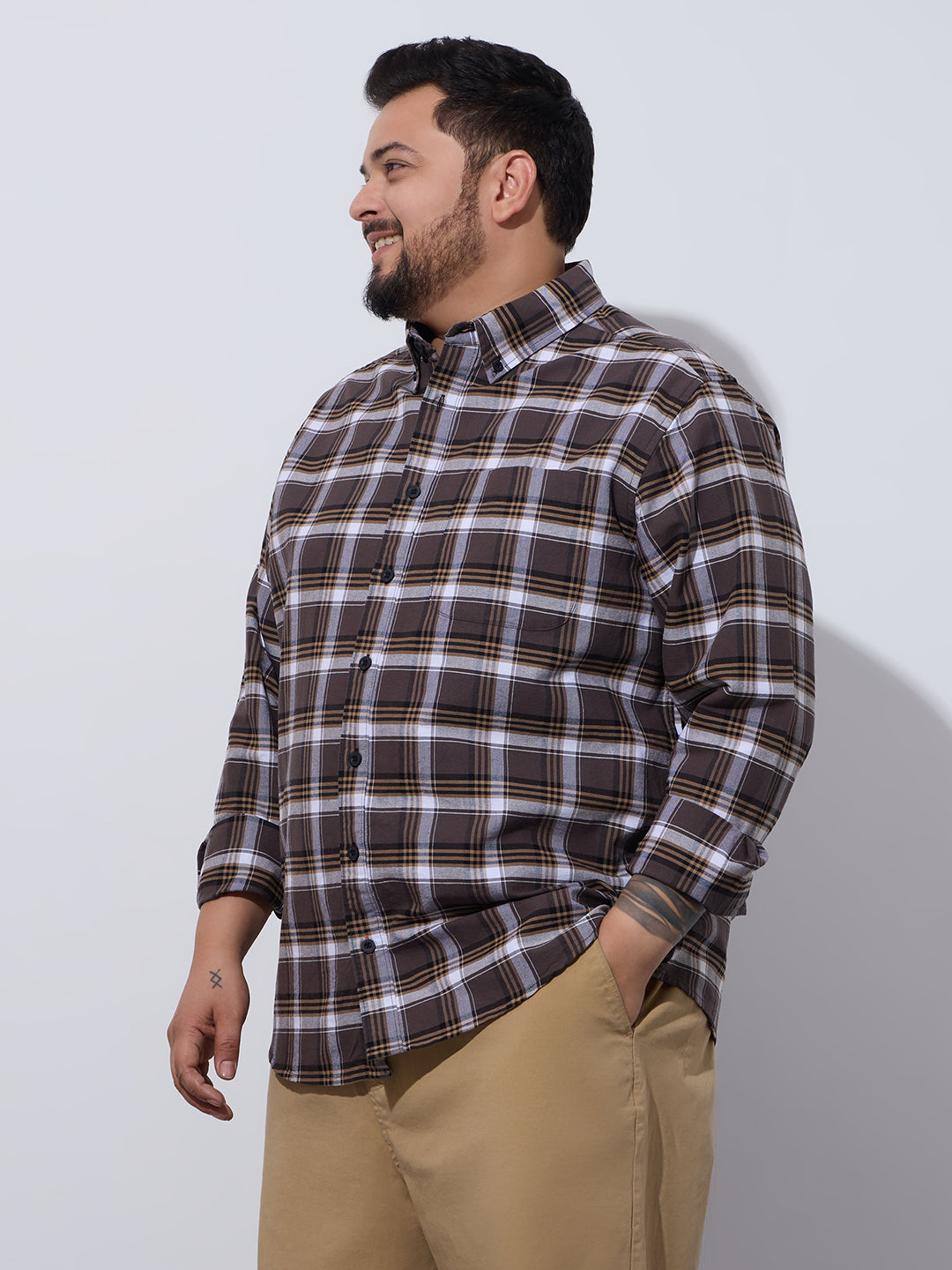 Plus Size Cotton Checks Shirt 1 Pocket Regular Fit Smart Casual Shirt, Style- Plus-1262-brown
