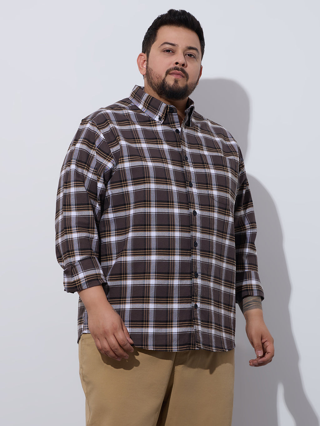 Plus Size Cotton Checks Shirt 1 Pocket Regular Fit Smart Casual Shirt, Style- Plus-1262-brown