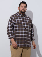 Plus Size Cotton Checks Shirt 1 Pocket Regular Fit Smart Casual Shirt, Style- Plus-1262-brown