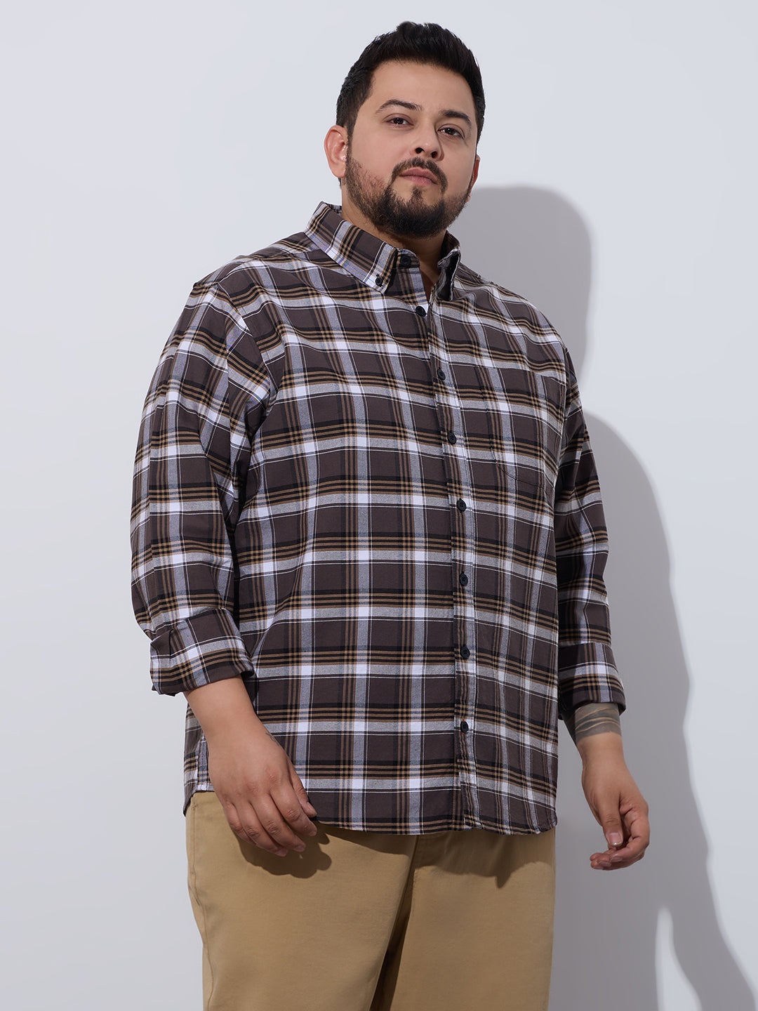 Plus Size Cotton Checks Shirt 1 Pocket Regular Fit Smart Casual Shirt, Style- Plus-1262-brown